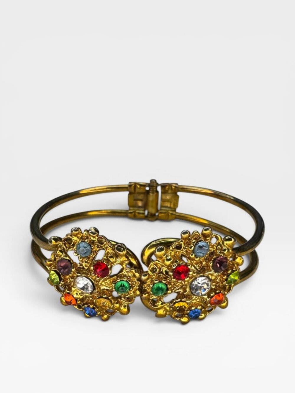Multi Color Crystal Clamper Bracelet Gold Tone Rhinestone Vintage 7" - Picture 1 of 7